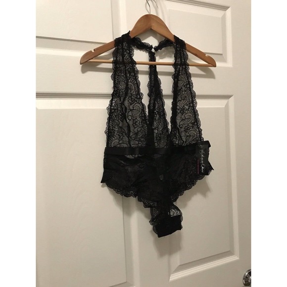 Plunging Lace Halter Teddy with Halter Back, Sexy Lingerie, Black, Size 1X-2X - Picture 3 of 15